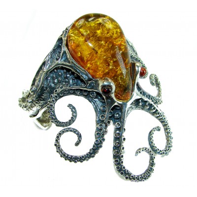 Huge Octopus 75.9 grams Genuine Baltic Amber .925 Sterling Silver handcrafted Bracelet / Cuff