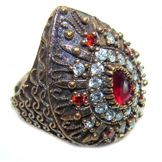 Victorian Style! Red Garnet & White Topaz Sterling Silver Ring s. 7 1/2