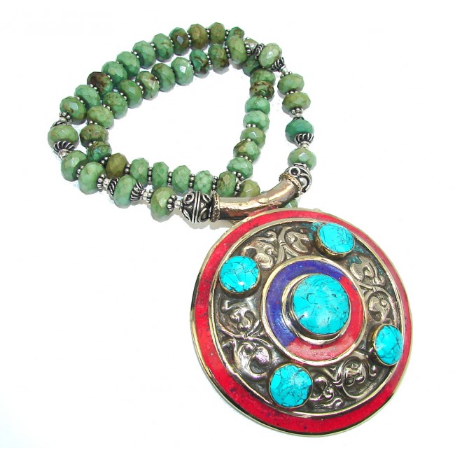 Oversized! Fashion Blue & Green Turquoise & Fossilized Coral Sterling Silver Necklace
