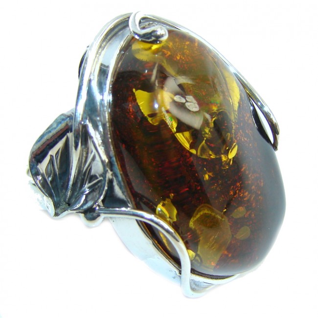 Big! Genuine AAA Brown Polish Amber Sterling Silver Ring s. 7 1/2