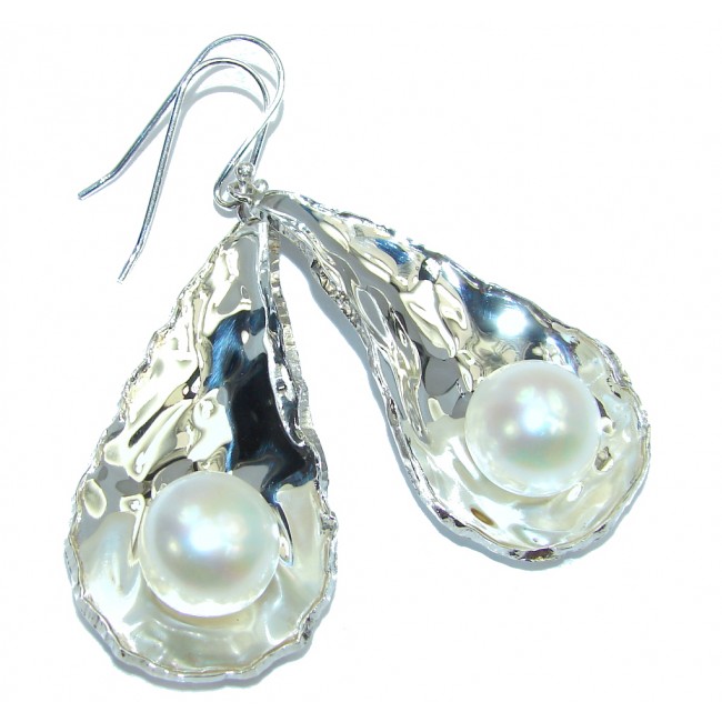 Big Delicate Fresh Water Pearl Hammered Sterling Silver earrings
