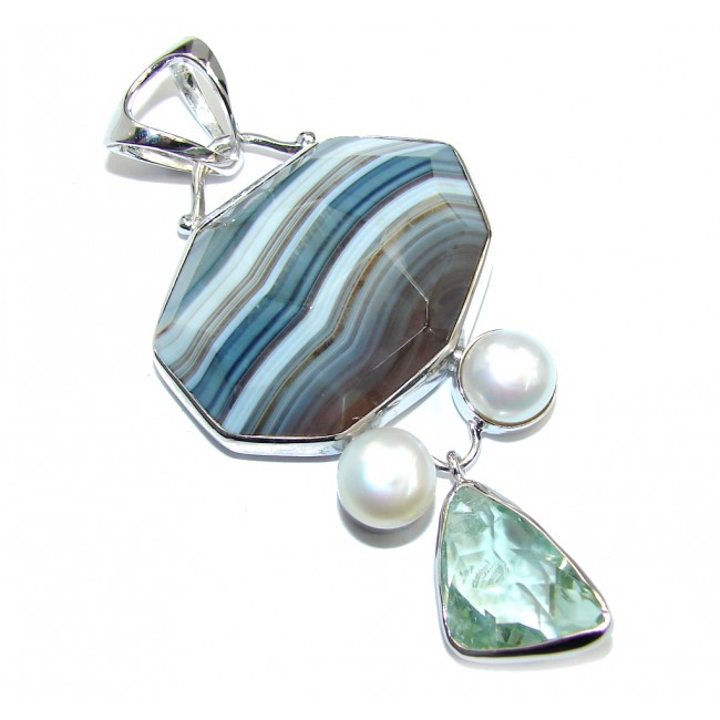 Big Natural AAA Lace Black Botswana Agate Sterling Silver Pendant