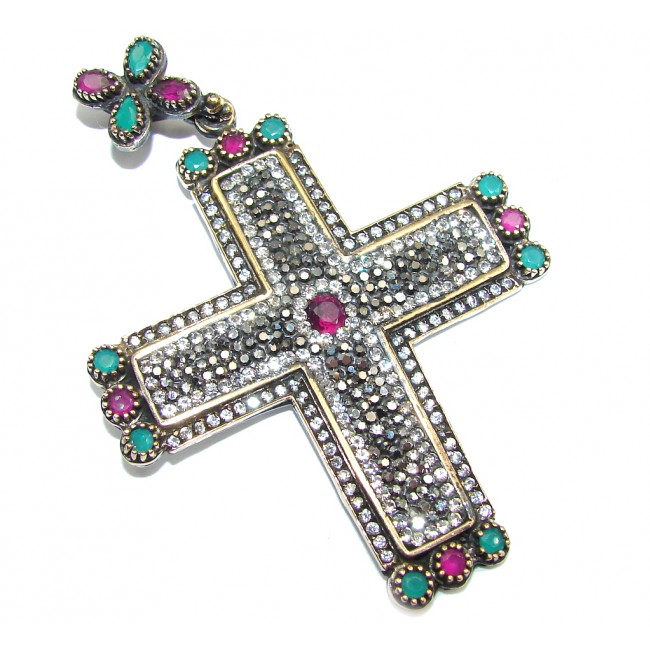 Victorian Style Pink Ruby Sterling Silver Pendant / Cross