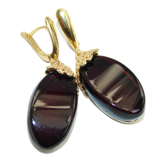 Genuine Dark Cherry Baltic Polish Amber Gold over Sterling Silver Earrings
