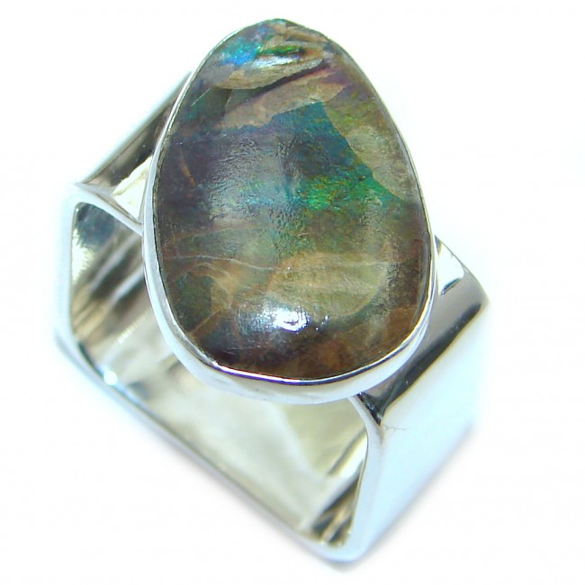 Rainbow Green Fire AAA Ammolite Sterling Silver ring s. 6