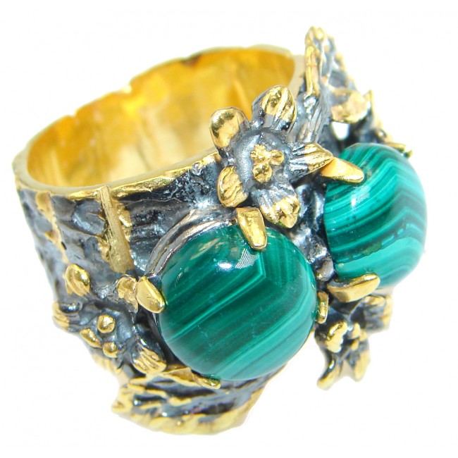 Natural Green Malachite Gold plated over Sterling Silver ring s. 7