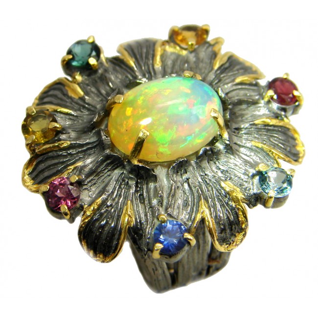 Natural 15ct Ethiopian Opal Tourmaline Gold Rhodium plated over Sterling Silver ring s. 8 1/4
