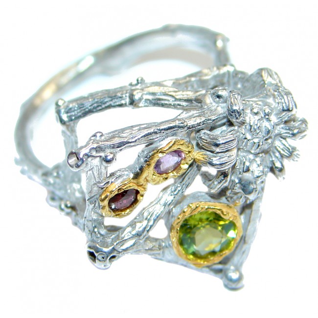 Classic Authentic Peridot Amethyst Garnet Sterling Silver Ring s. 8 1/4