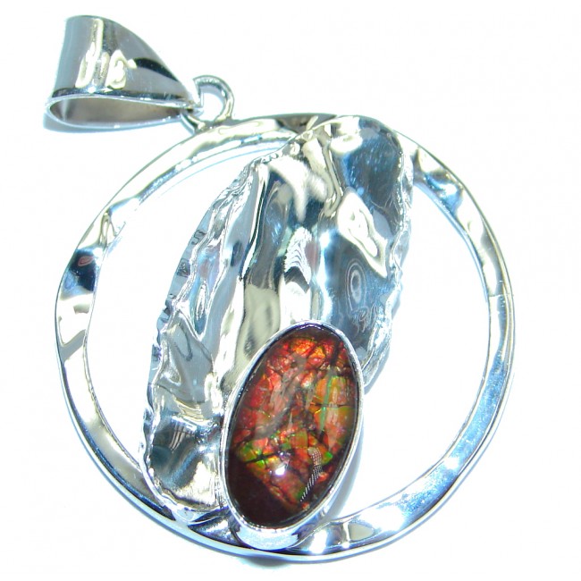 Natural AAA Ammolite hammered Sterling Silver Pendant