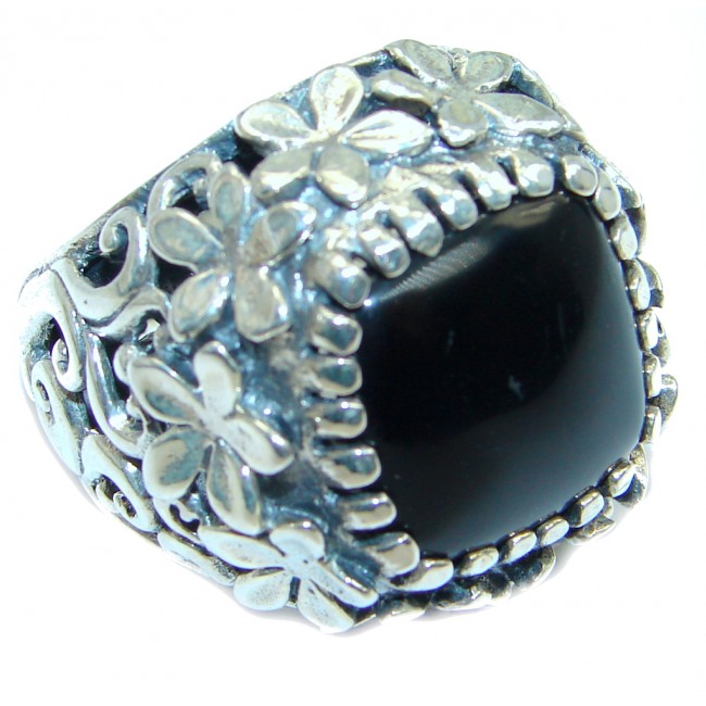 Classy Floral Design Onyx Two Tones Sterling Silver handmade ring size 8