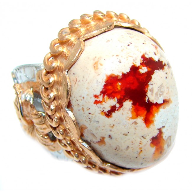 Giant Mexican Fire Opal Gold plated over Sterling Silver handmade Statment Ring size 7