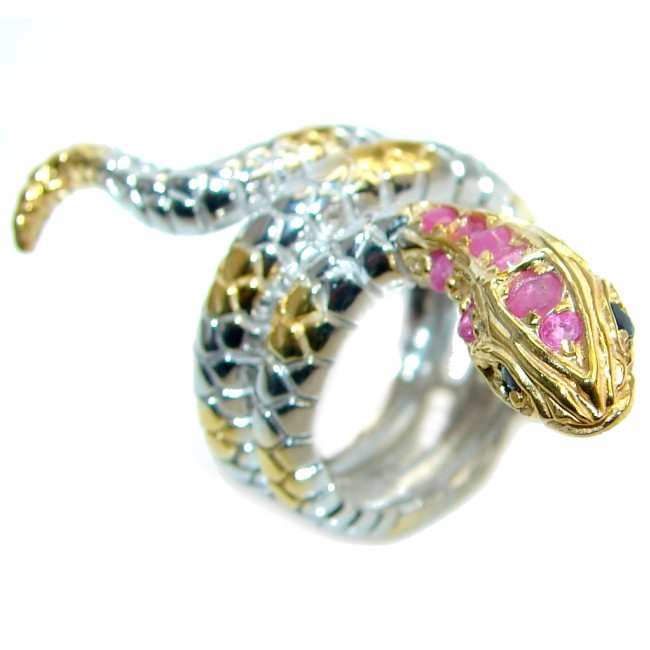 Amazing Ruby Saphire Snake Two Tones Sterling Silver Ring s. 6