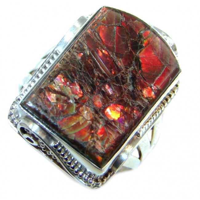 Authentic Canadian Red Fire Ammolite Sterling Silver ring size 10 1/4