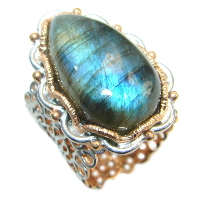 Beautiful Fire Labradorite Two Tones Sterling Silver Ring size 7 1/2