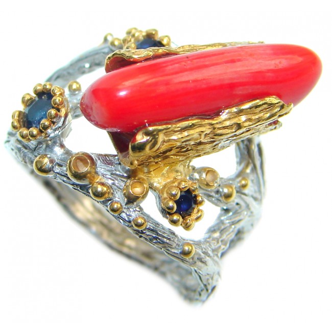 Gorgeous Fossilized Coral Sapphire Gold Rhodium Plated over Sterling Silver ring s. 6 1/4