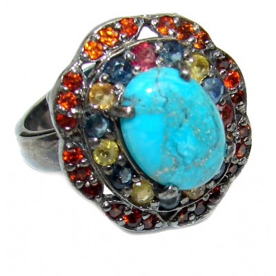 Authentic Turquoise Sapphire black rhodium over .925 Sterling Silver ring; s. 7 1/2