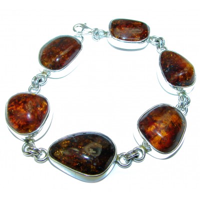 Large Beautiful Cognac Amber .925 Sterling Silver handcrafted Bracelet