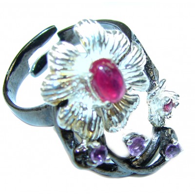 Floral design Authentic Ruby black rhodium over.925 Sterling Silver handmade Ring size 7 adjustable