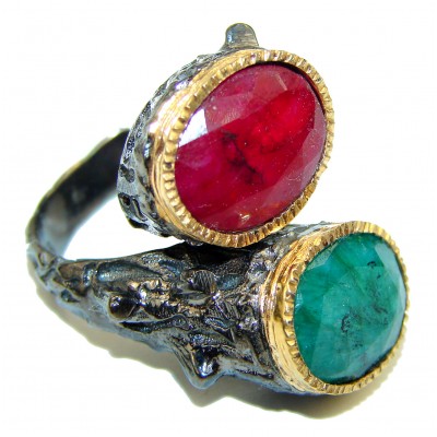 Great quality unique Ruby Emerald black rhodium over .925 Sterling Silver handcrafted Ring size 6