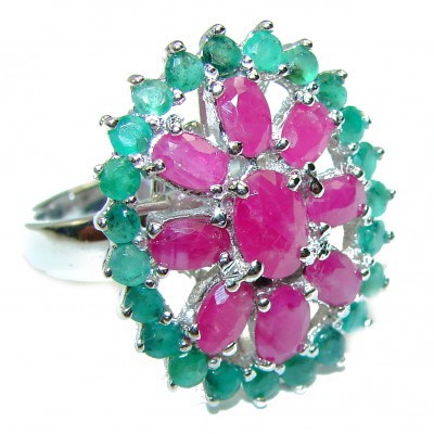 Unique Ruby Emerald .925 Sterling Silver handcrafted Cocktail Ring size 8 1/4
