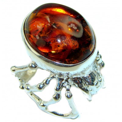 LARGE Spider Genuine Baltic Amber .925 Sterling Silver handcrafted Statement Ring size 8 adjustable