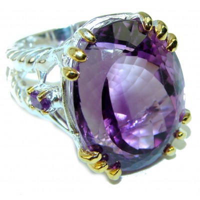 Large Genuine Amethyst 2 tones .925 Sterling Silver Handcrafted Ring size 6