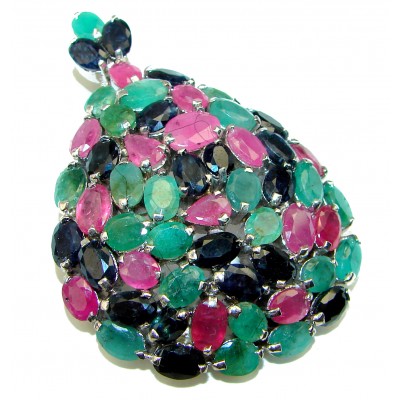 Precious Treasure Emerald Sapphire Ruby .925 Sterling Silver handmade Pendant - Brooch