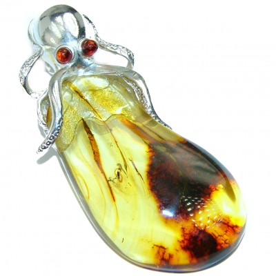 Large Octopus Baltic Amber .925 Sterling Silver handmade Pendant