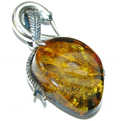 Graceful Swan Amazing quality Amber .925 Sterling Silver handmade pendant