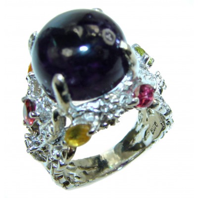 Huge Black Onyx multicolored Sapphire .925 Sterling Silver handcrafted ring; s. 7 1/2