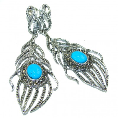 Great Peacocks Feathers authentic inlay Turquoise .925 Sterling Silver handcrafted Earrings