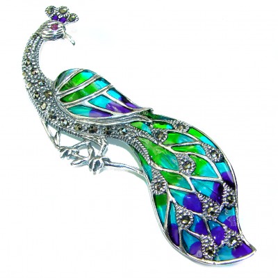 Natural Enamel Colorful Peacock .925 Sterling Silver Brooch
