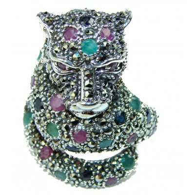 Precious Panther Emerald Sapphire Ruby .925 Sterling Silver handcrafted Statement Ring size 8 1/4