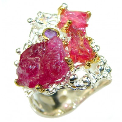 Authentic Rough Ruby 14K Gold over 2 tones .925 Sterling Silver Ring size 6
