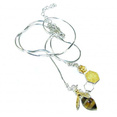 Golden Bee Baltic Amber 2 tones .925 Sterling Silver handmade Necklace