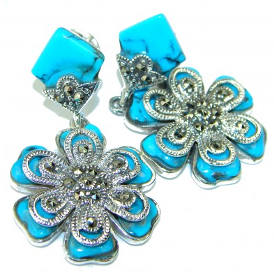 Blue Turquoise Marcasite .925 Sterling Silver handcrafted earrings