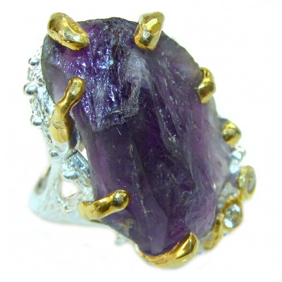 Authentic Rough Amethyst over 2 tones .925 Sterling Silver Large Ring size 7