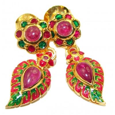 Very Unique Ruby Enamel 18K Gold over .925 Sterling Silver handcrafted earrings