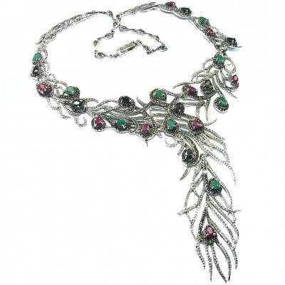 HUGE 78.6 grams Peacock Feather design genuine Ruby .925 Sterling Silver handcrafted Necklace