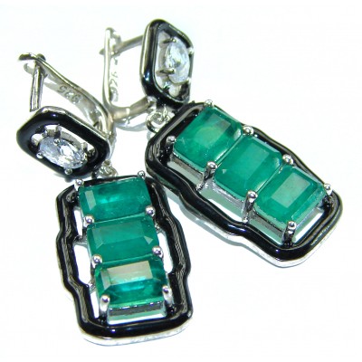 Very Unique Emerald black enamel .925 Sterling Silver handcrafted earrings