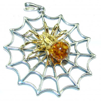 Fabulous Spider's Web Prehistoric Baltic Amber .925 Sterling Silver handcrafted pendant