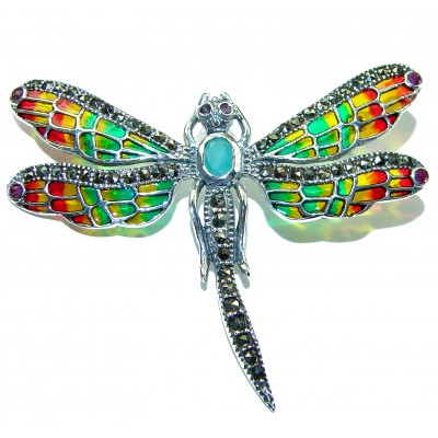 Big Dragonfly Emerald Enamel .925 Sterling Silver handcrafted Pendant Brooch