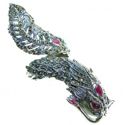 Large 21.8 grams Marcasite Ruby Dragon's Head . 925 Sterling Silver Ring s. 7