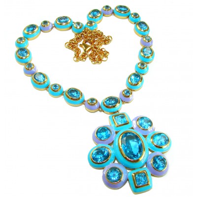 Atlantica - 218.5 carat genuine Swiss Blue Topaz turquoise blue and purple enamel 18K Gold over .925 Sterling Silver handmade Statement necklace