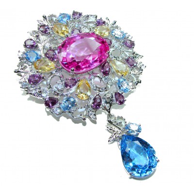 An exuberantly Large 70.9 grams Vintage style Pink Sapphire .925 Sterling Silver handmade LARGE Pendant - Brooch