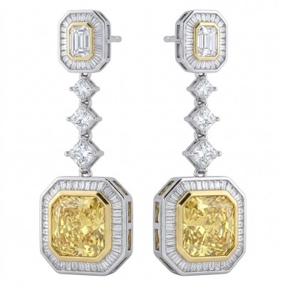 Art Deco - Luxurious assher cut 20.5 carat Yellow Sapphire 18K Gold over .925 Sterling Silver handcrafted earrings