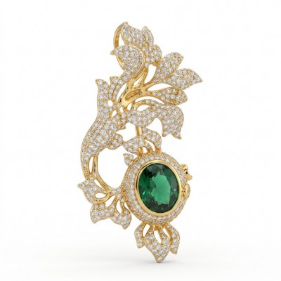 Ultimate Treasure - floral design- 7.2 CARAT Emerald .925 Sterling Silver dipped in 22K Gold handcrafted Pendant Brooch