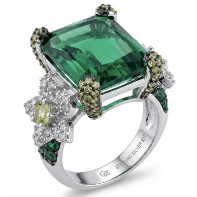 Jolie - Luxurious baguette cut 22.7 carat Emerald rhodium over .925 Sterling Silver handcrafted Ring s. 7