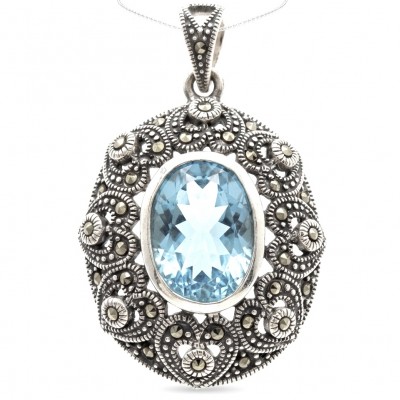Vintage style 10.8 carat Swiss Blue Topaz .925 Sterling Silver DIPPED IN RHODIUM handmade Pendant