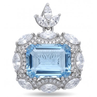 Vintage style boquette cut 12.8 carat Swiss Blue Topaz .925 Sterling Silver DIPPED IN RHODIUM handmade Pendant